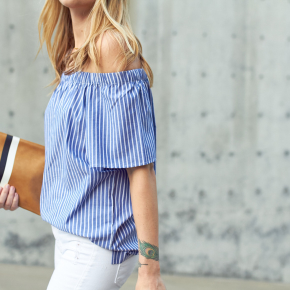 Blue and White off shoulder top - Picture 1 of 8